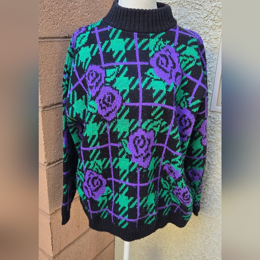 Adele Knitwear Vintage Black, Purple & Green Floral Grid Turtleneck Sweater